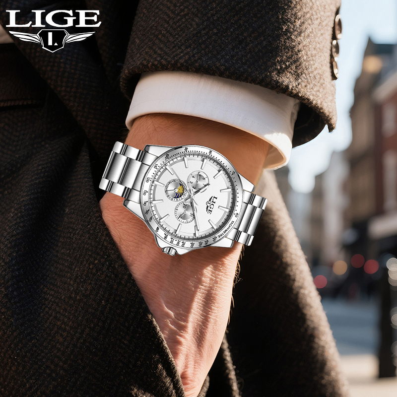 Luxury Watch Brands - LIGE トップブランドの高級クォーツメンズ腕時計ファッションビジネスシンプルな防水夜光時計男性用ムーンフェイズ自動日付時計