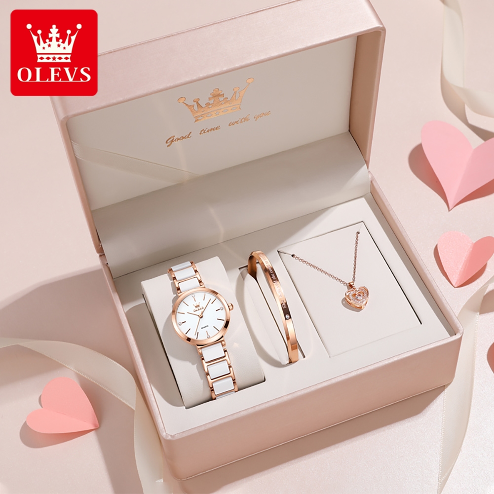 Ladies Luxury Watch - OLEVSレディース腕時計5877高級エレガントクォーツ腕時計防水夜光セラミックストラップレディース腕時計ブレスレットセットギフトボックス時計