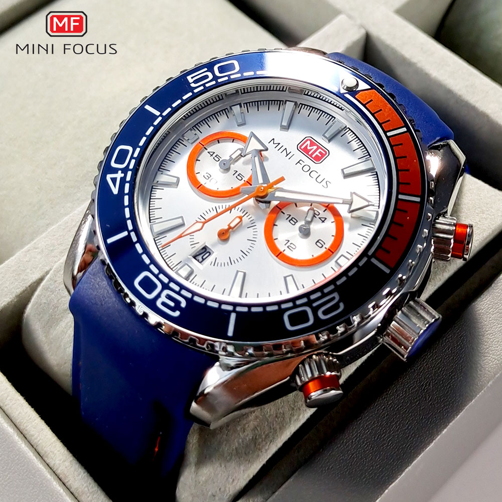 Open Heart Watch - ミニフォーカス時計男性ファッションスポーツ腕時計自動日付24時間インジケータブルーシリコーンストラップ0426