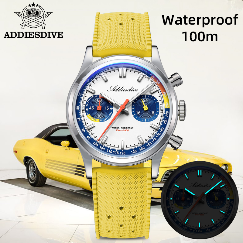 Luxury Watch Rubber Strap - ADDIESDIVE ファッションメンズクォーツ腕時計 VK64 クロノグラフドーム型ガラス 316L ステンレス鋼