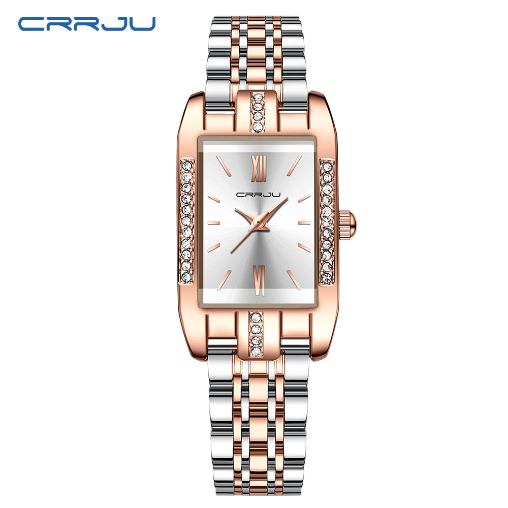 Ladies Luxury Watch - CRRJU 高級スクエア腕時計女性のための防水ステンレス鋼レディースクォーツ時計ドレスエレガントな女性の腕時計ファッションリロイ
