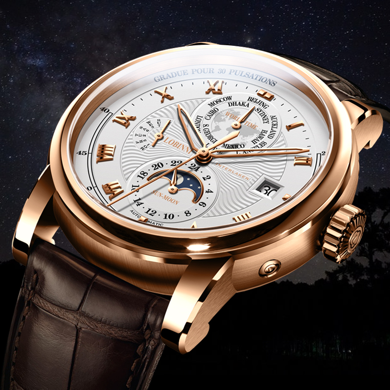 Luxury Watch Brands In World - Lobinni-メンズ機械式および自動巻き時計,高級ブランド,ムーンフェイズ,サファイア,ワールドタイム,L16003-2
