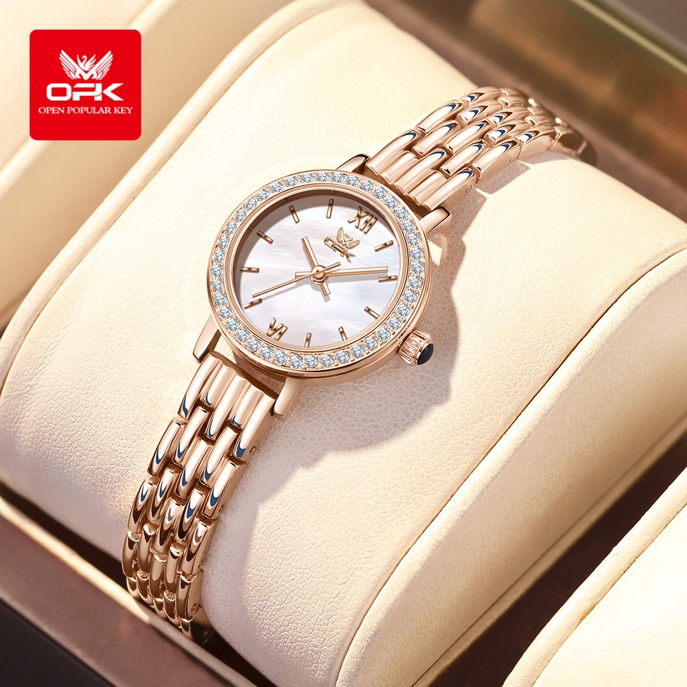 Luxury Watch Leather Strap - OPK 6063 ライト高級腕時計女性用小さなラウンドダイヤルダイヤモンドデザイン月光オリジナルクォーツムーブメントジルコンブレスレットウォッチ