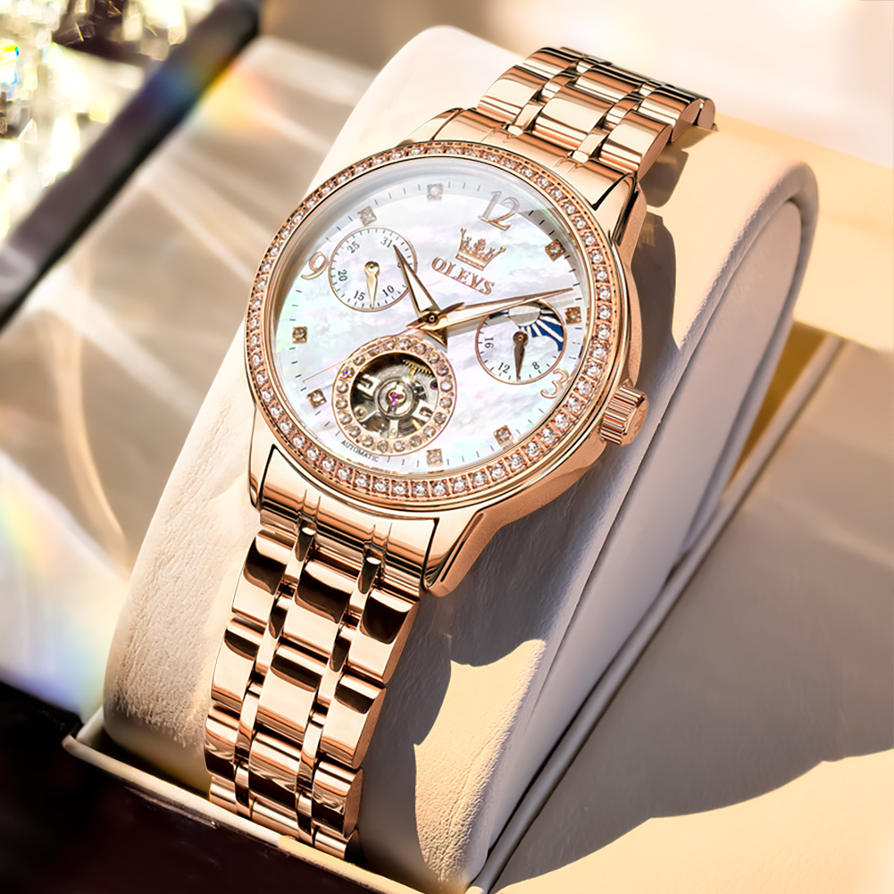 Luxury Watch Brands - OLEVS 女性用腕時計トップブランドの高級ファッションファインスチールオリジナル自動機械式腕時計ネックレスブレスレットギフトボックス