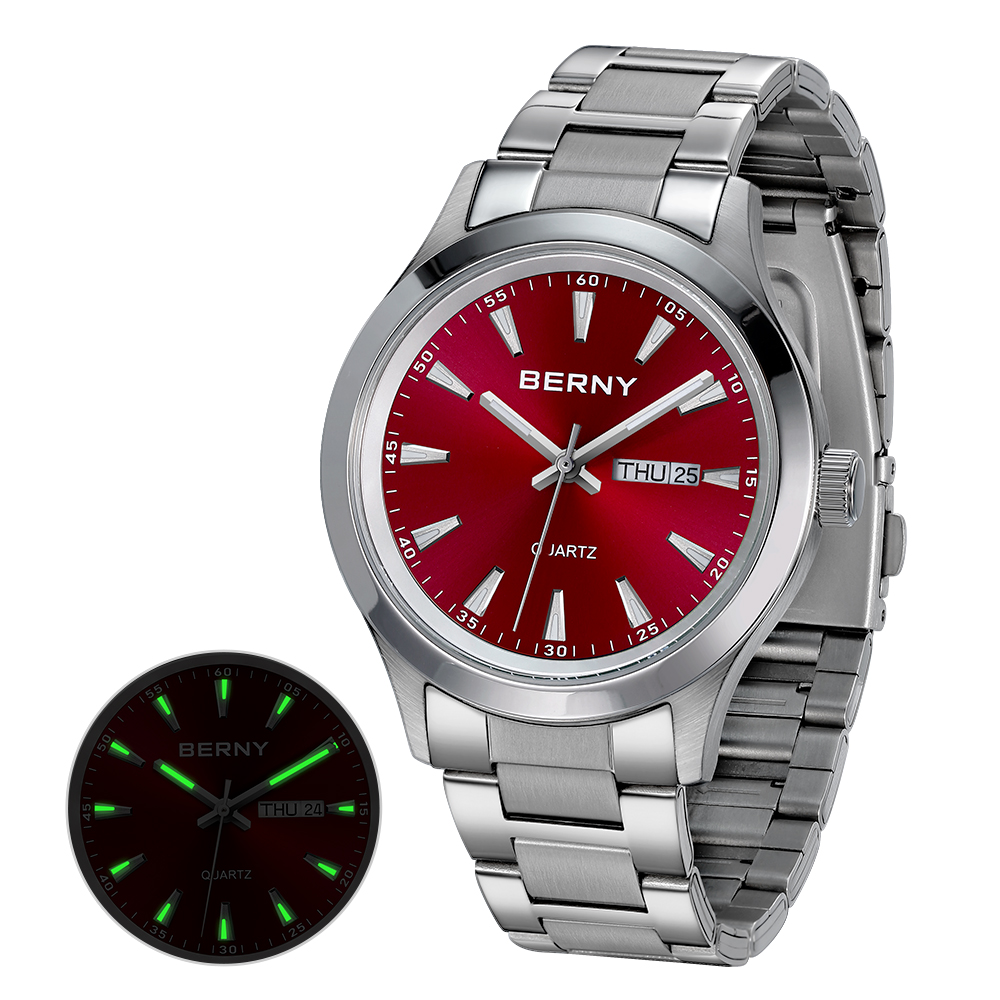 Dress Watch Ultra Thin - Berny-男性用超薄型クォーツ時計、ファッションテクスチャ腕時計、発光カレンダー、ステンレス鋼、ドレス時計