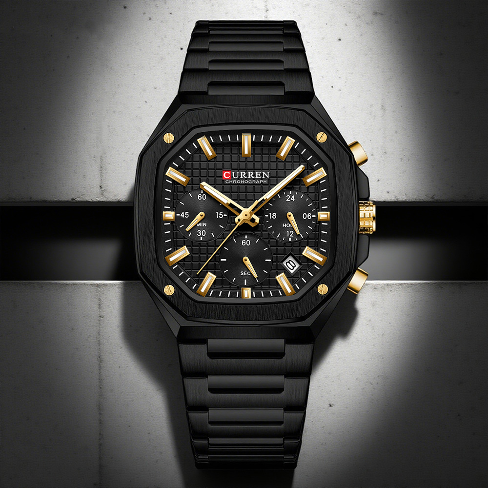 Luxury Watch Design - CURREN 高級スクエアクロノ腕時計男性用クラシックデザインブラックダイヤルにゴールドアクセントファッションクォーツ腕時計発光針