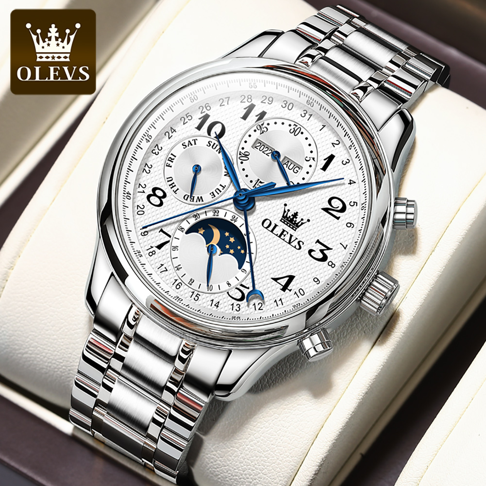 Moonphase Complication Watch - OLEVS 6667 高級オリジナルメンズ機械式腕時計ブランド クラシックデジタルダイヤル 30m防水 ムーンフェイズ腕時計