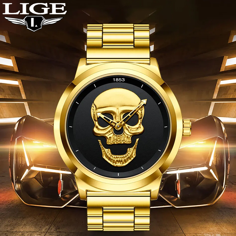 Luxury Watch Collection Box - Lige-男性用クォーツ腕時計,スケルトン,クリエイティブ,3D,頭蓋骨,ステンレス鋼,防水,スポーツ時計,カジュアル,ボックス,高級トップブランド