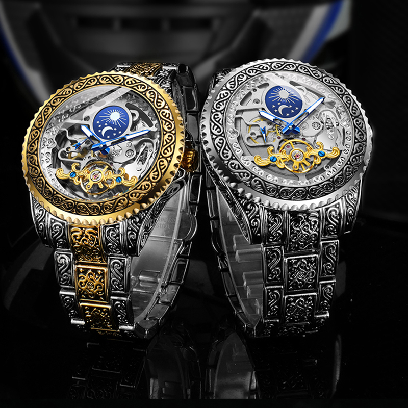 Forsining-デラックス自動機械式腕時計,透明なスケル - Moonphase Complication Watch のレビューと価格