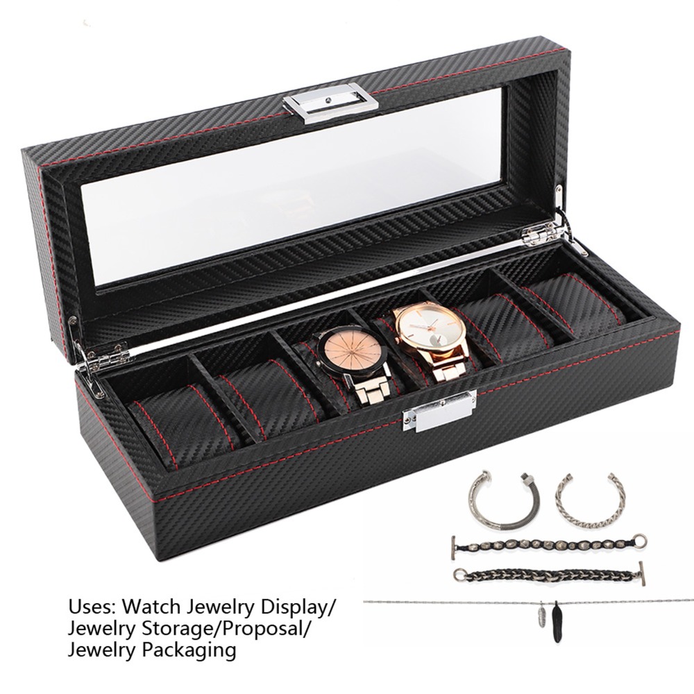 防塵カーボンファイバー時計ボックス 6 スロット透明窓時計ケ - Luxury Watch Collection Box のレビューと価格