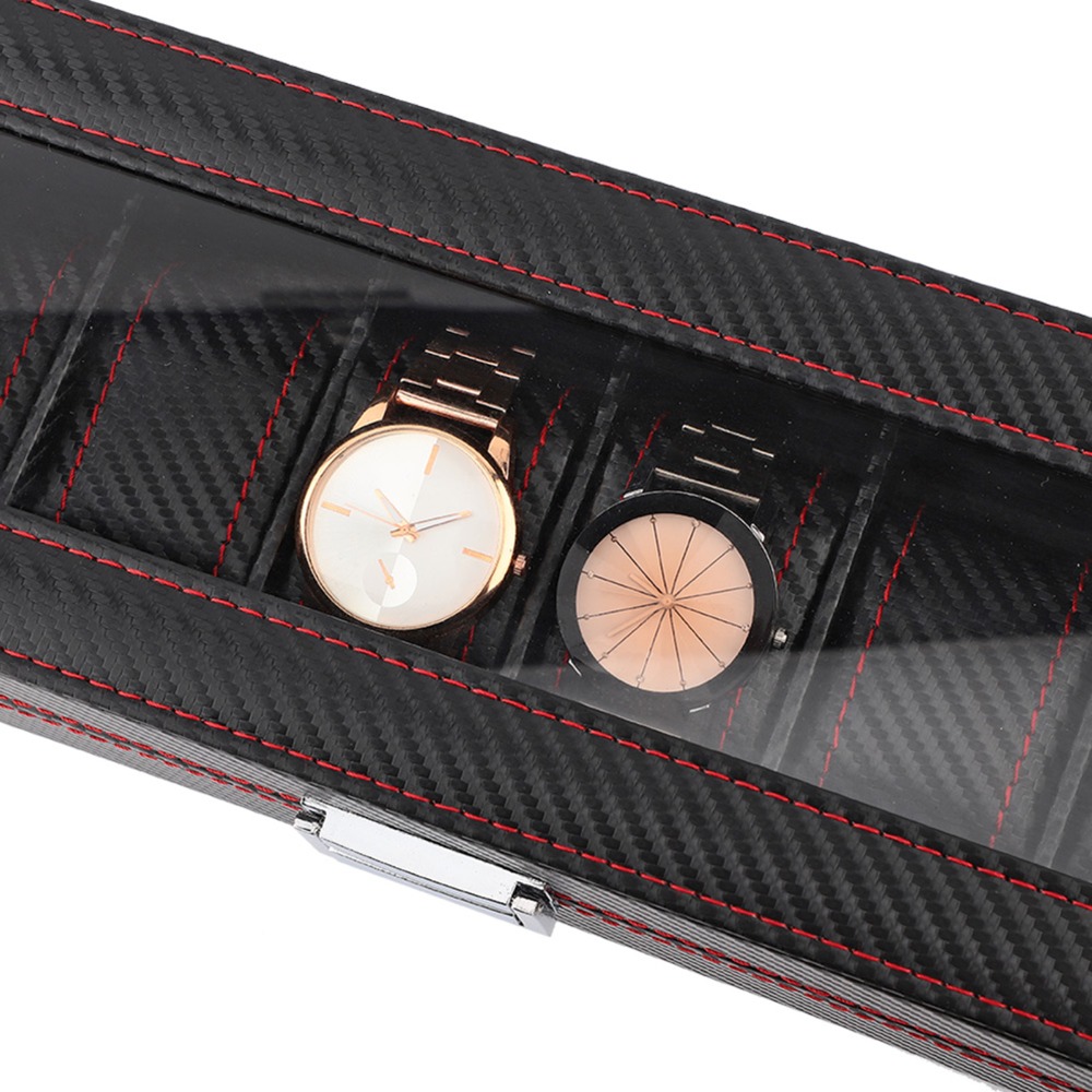 防塵カーボンファイバー時計ボックス 6 スロット透明窓時計ケ - Luxury Watch Collection Box のレビューと価格