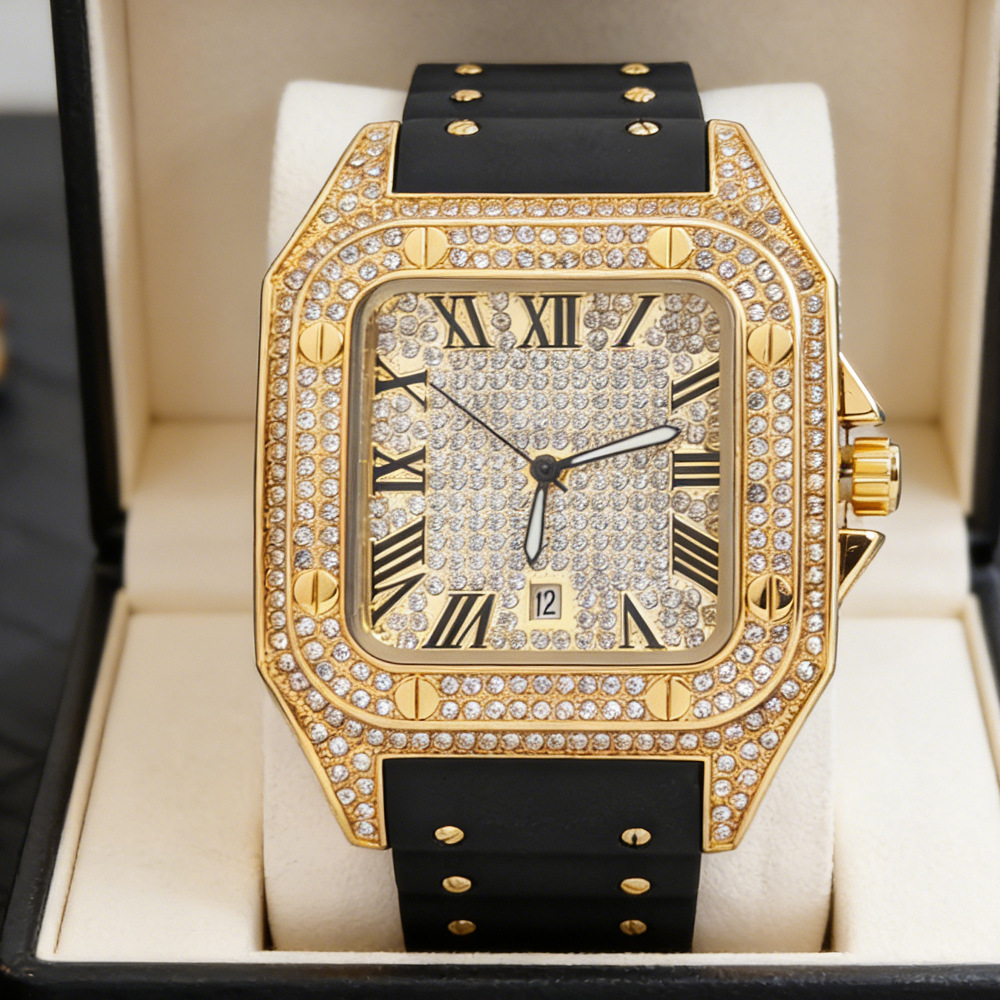 ヒップホップアイスアウトブリンブリンスクエアフルダイヤモンド - Luxury Watch Rubber Strap のレビューと価格
