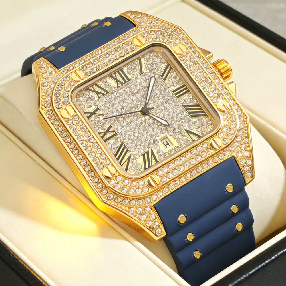 ホットファッションスクエアフルダイヤモンドクォーツ腕時計メン - Luxury Watch Rubber Strap のレビューと価格