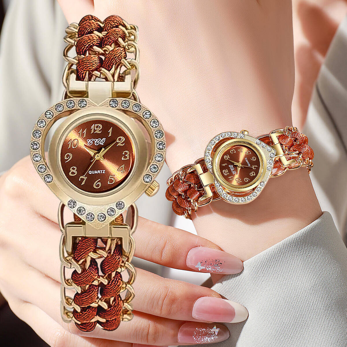 ファッションラインストーンハートダイヤル女性腕時計織ストラッ - Open Heart Watch のレビューと価格